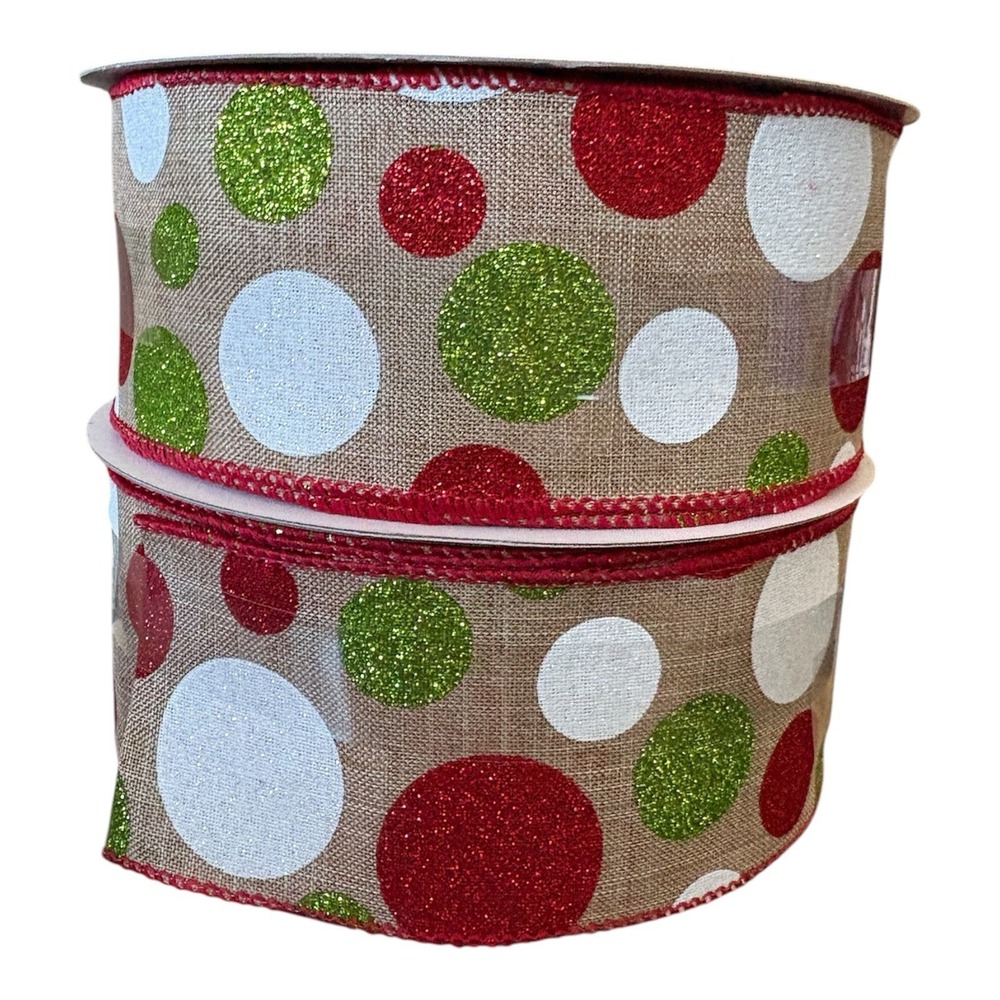 NEW 2pk Celebrate It Christmas Wired Jumbo Green Red White‎ Ribbon 2.5in. X 80ft